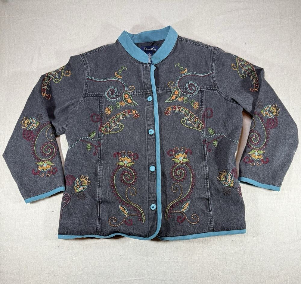 Denim & Co Women's Embroidered Denim Jacket 1X Paisley Floral Button Front Boho